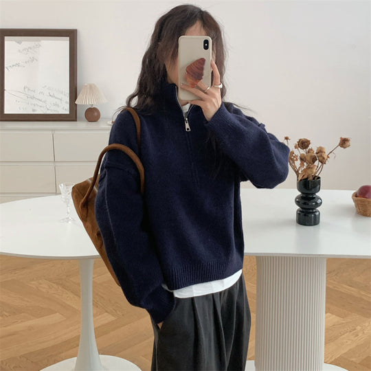 Damen Kurzpullover mit Stehkragen und Reißverschluss EB