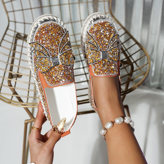 Damen Glitzernde Slip-On Sneakers mit dekorativem Schleifen- und Strass-Detail EB