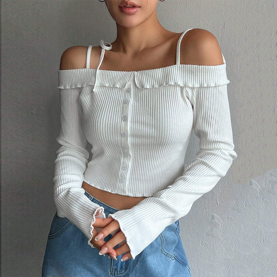 Damen geripptes schulterfreies Langarm-Cropped-Top mit Knopfleiste und Rüschensaum Eichborn Berlin