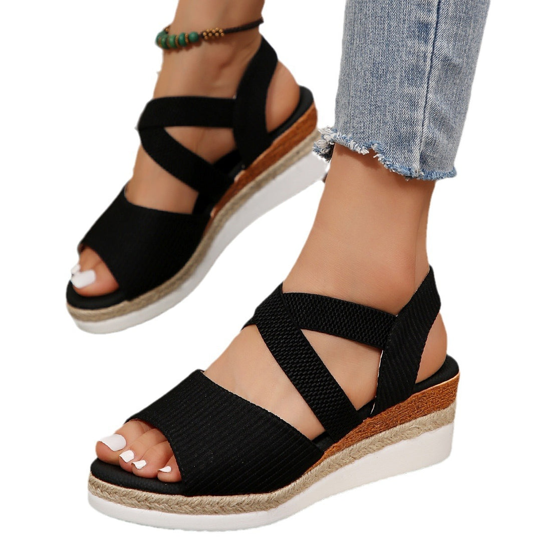 Damen Komfort-Keil-Sandalen mit elastischem Kreuzriemen und geflochtener Plateau-Sohle EB