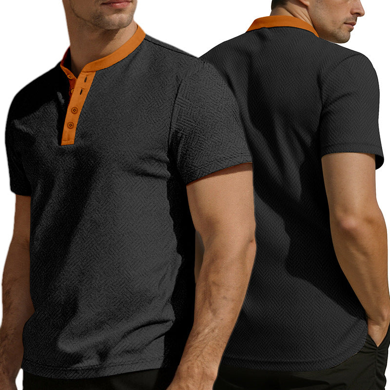 Herren nan schlankes Kurzarm-Henley-Poloshirt mit Mandarin-Kragen und feiner Jacquardstruktur EB