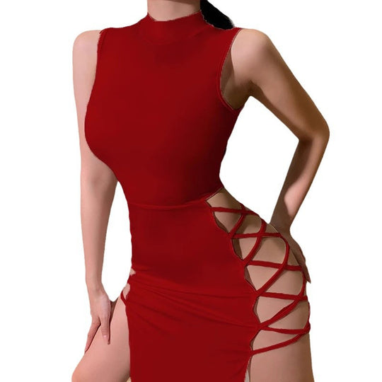 Damen Minikleid mit eleganten Cut-Out-Details und hochgeschlossenem Kragen EB