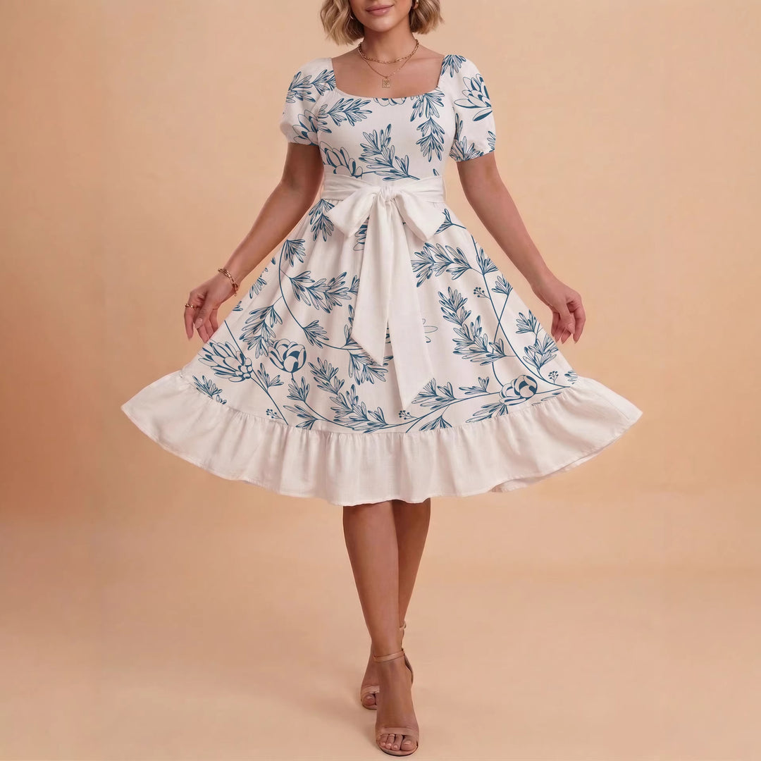 Damen Midi Kleid mit elegantem Blumendruck und tailliertem Gürtel EB