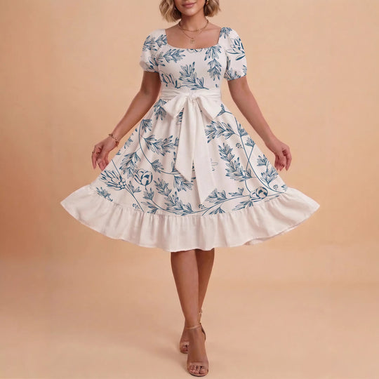 Damen Midi Kleid mit elegantem Blumendruck und tailliertem Gürtel EB