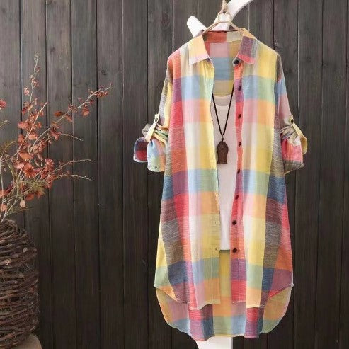 Damen Karo-Hemdbluse im lässigen Oversized-Schnitt mit langen Ärmeln und umschlagbaren Ärmeln EB