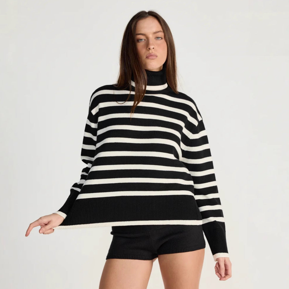Damen gestreifter Rollkragenpullover mit lässigem Schnitt EB