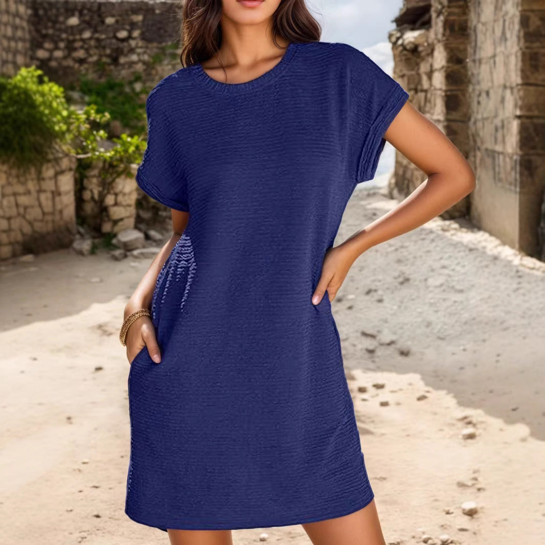 Damen lässiges Minikleid mit strukturiertem Stoff und umschlagbaren Ärmeln EB