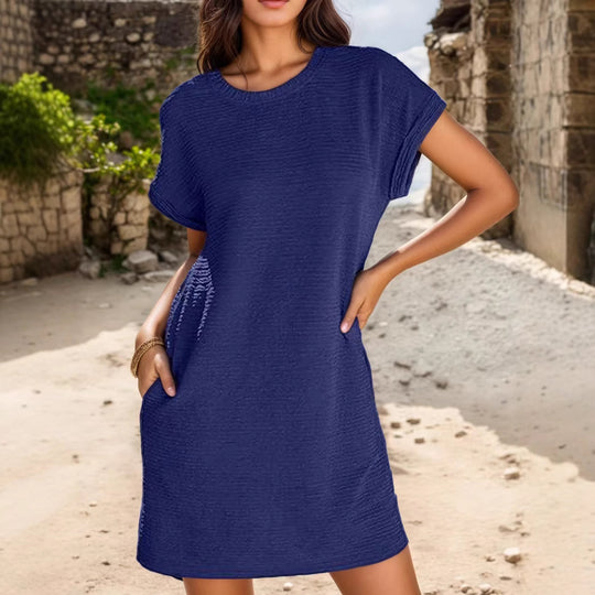 Damen lässiges Minikleid mit strukturiertem Stoff und umschlagbaren Ärmeln EB