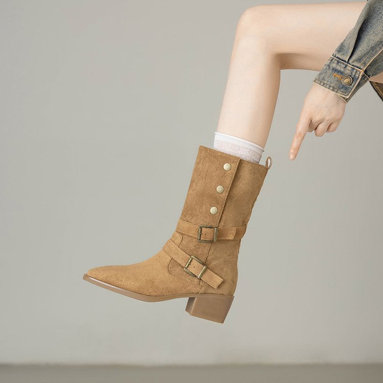 Damen Modische Stiefel mit auffälligem Schnallen-Design und bequemem Blockabsatz EB