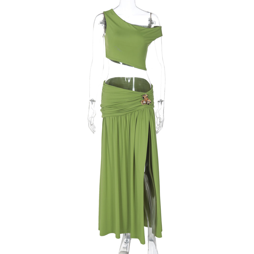 Damen Elegantes Off-Shoulder Maxikleid mit seitlichem Schlitz und raffiniertem Bund EB