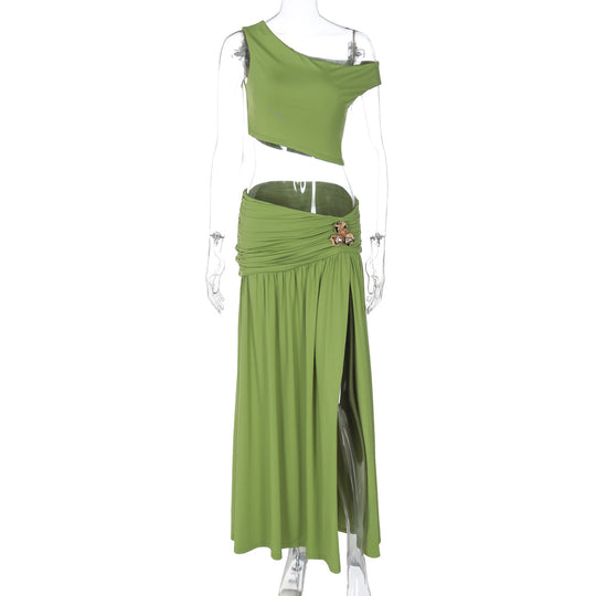 Damen Elegantes Off-Shoulder Maxikleid mit seitlichem Schlitz und raffiniertem Bund EB