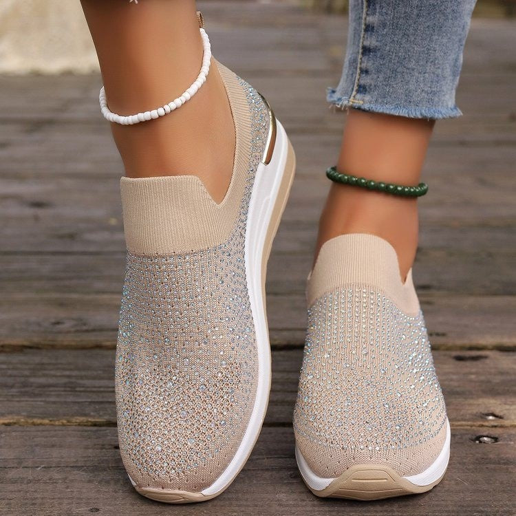 Damen  Strick Slip-On Sneaker mit funkelndem Strassbesatz, elastischem Einstieg und dämpfender Plateausohle EB