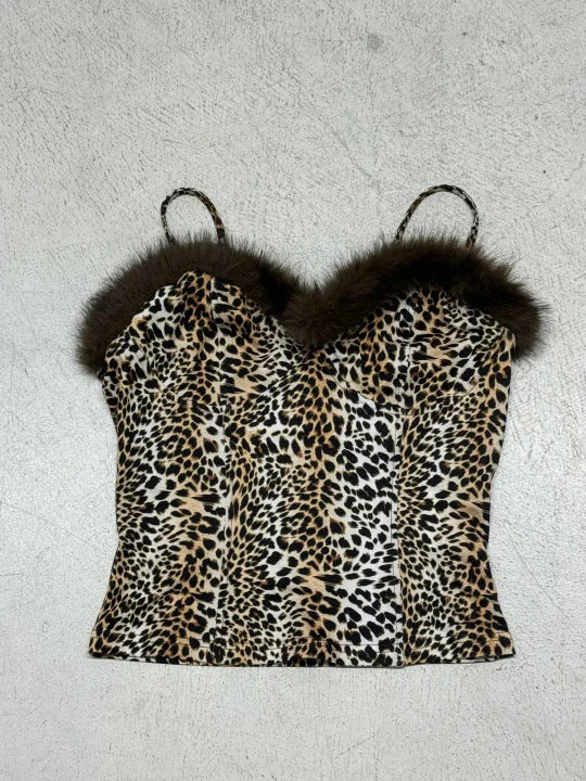 Damen Top mit Leopardenmuster und elegantem Fellbesatz EB