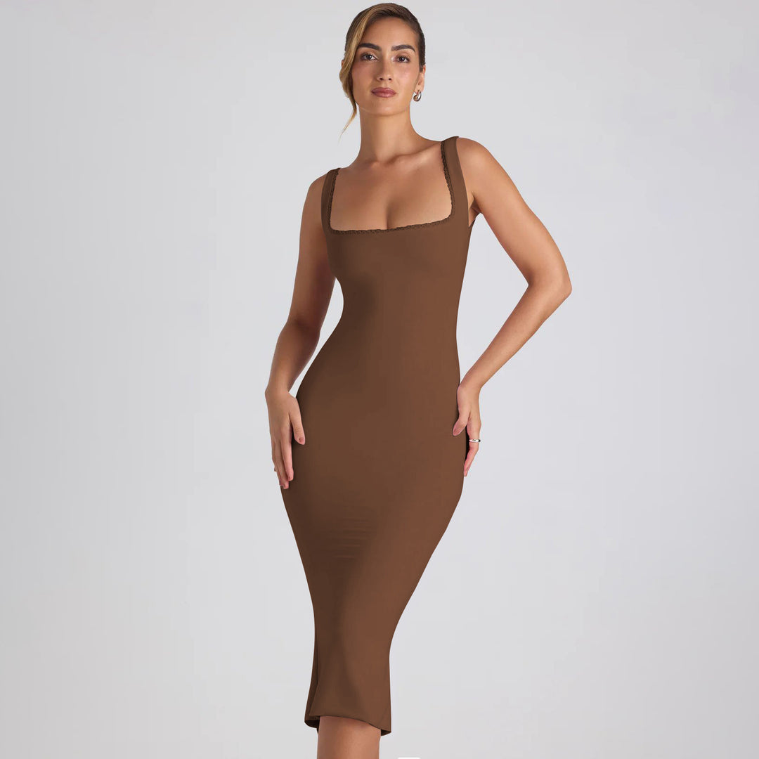 Damen figurbetontes Midikleid mit quadratischem Ausschnitt und Spitzenakzenten EB