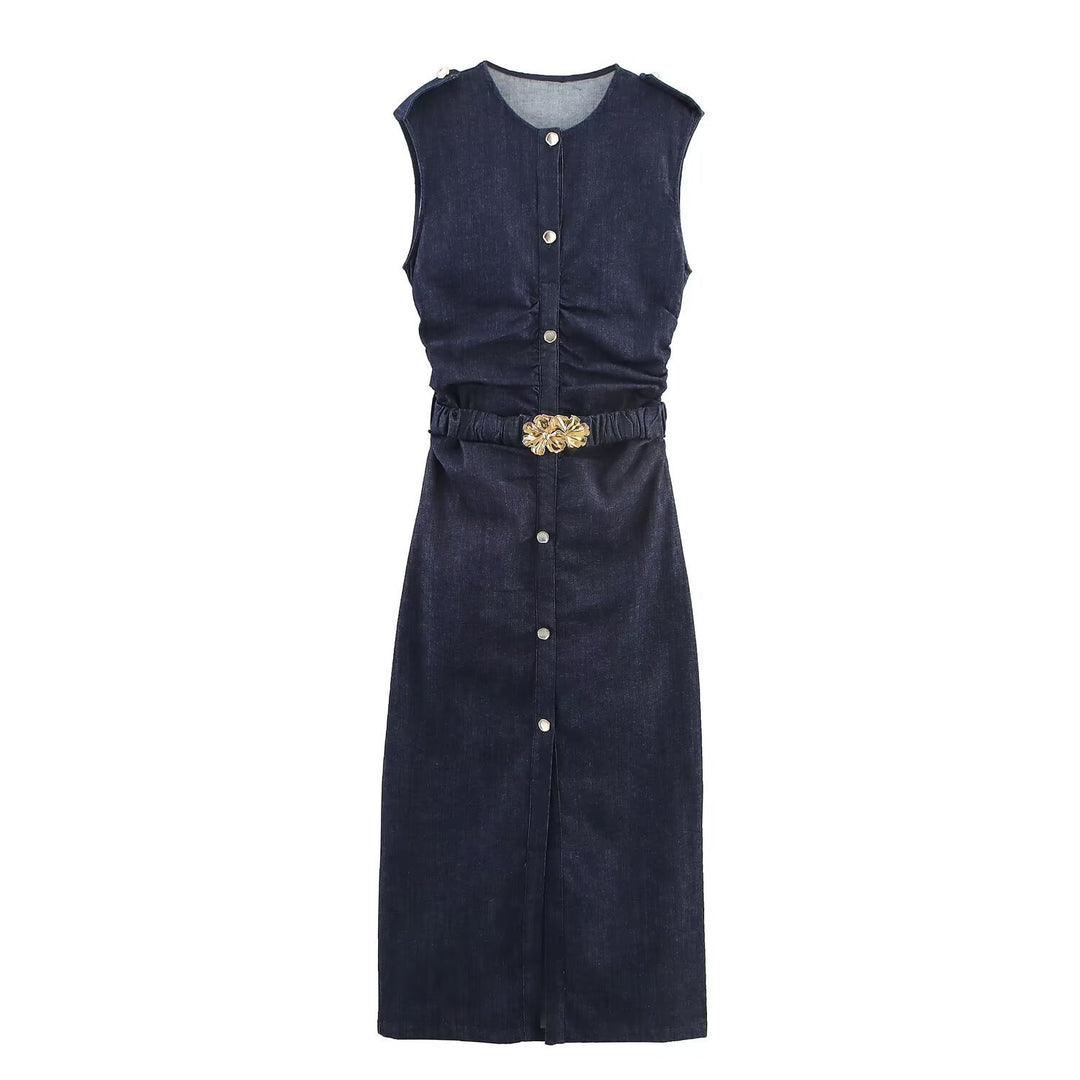 Damen Jeanskleid mit Wickelgürtel und eleganten Druckknöpfen EB