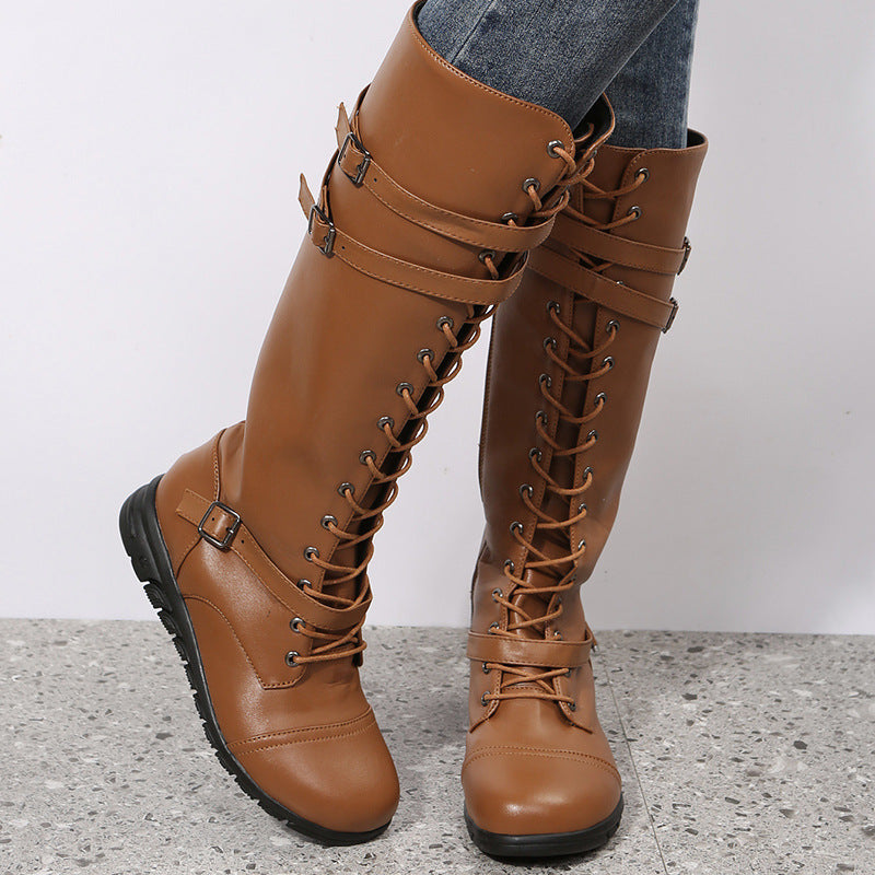 Damen nan kniehohe Military‑inspirierte Schnürstiefel mit seitlichem Reißverschluss verstellbaren Ziergurten und stoßdämpfender Profilsohle EB