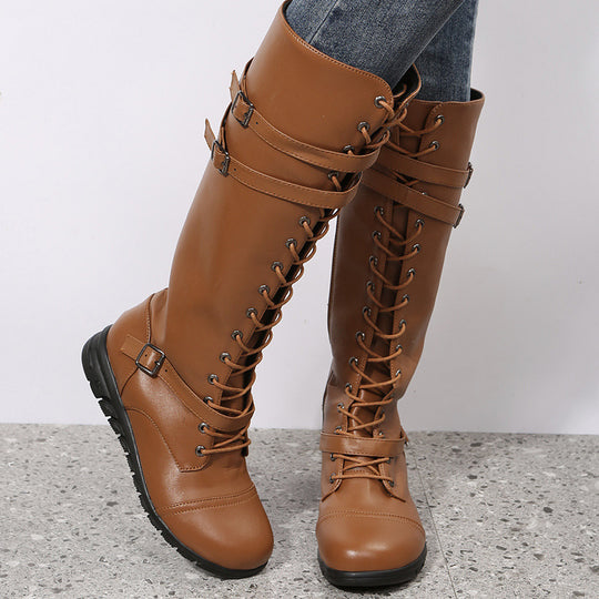 Damen nan kniehohe Military‑inspirierte Schnürstiefel mit seitlichem Reißverschluss verstellbaren Ziergurten und stoßdämpfender Profilsohle EB
