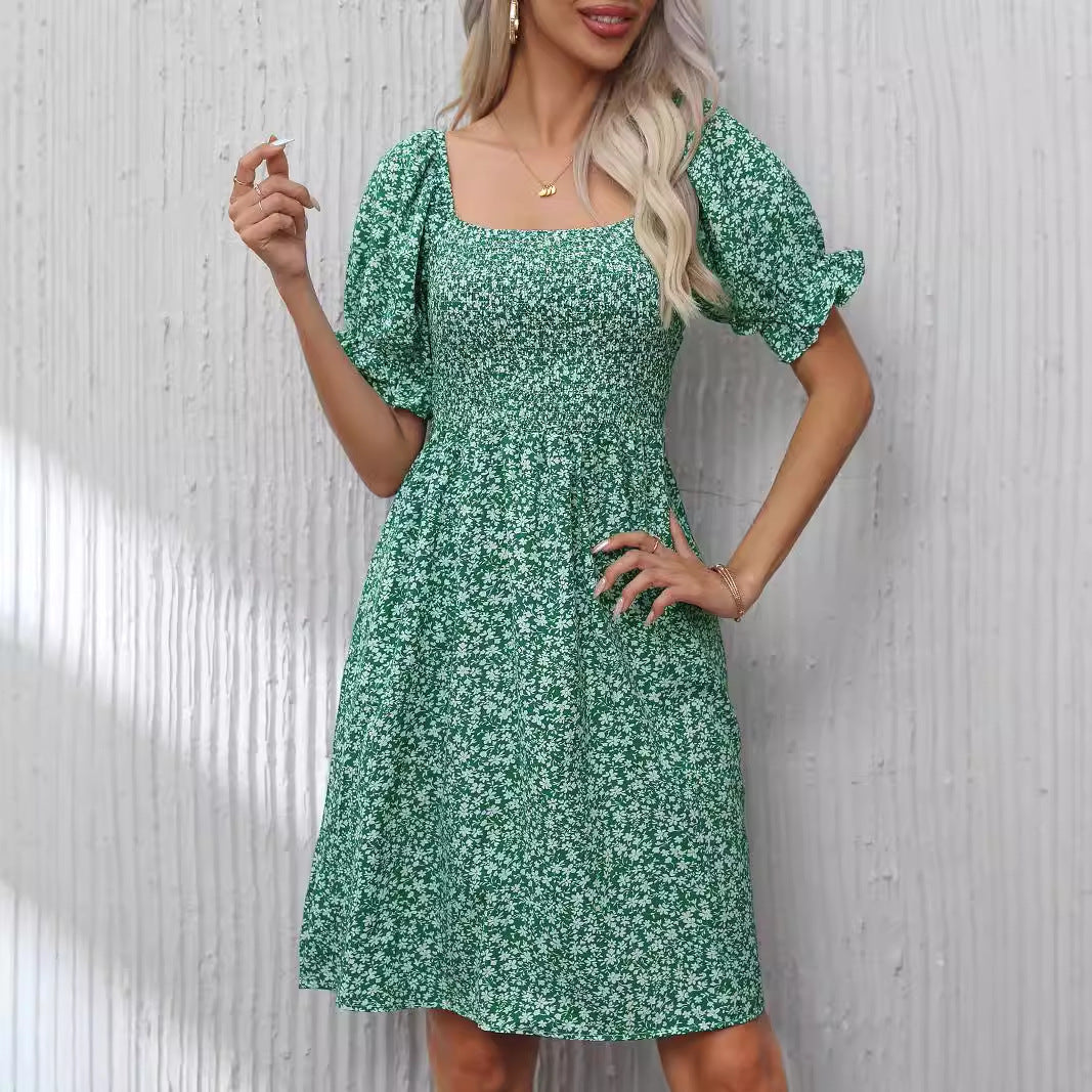 Damen Blumenkleid mit Puffärmeln und Gummizug EB