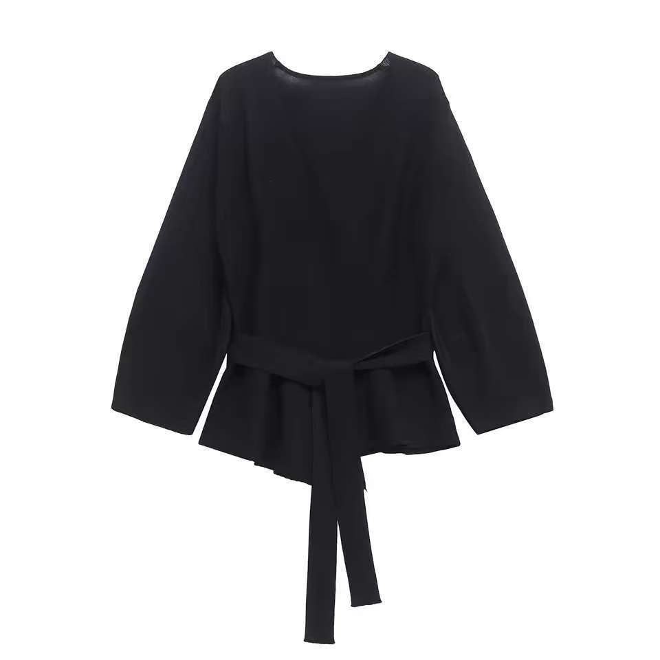 Damen Taillierte Bluse mit Wickelgürtel und Schößchen EB