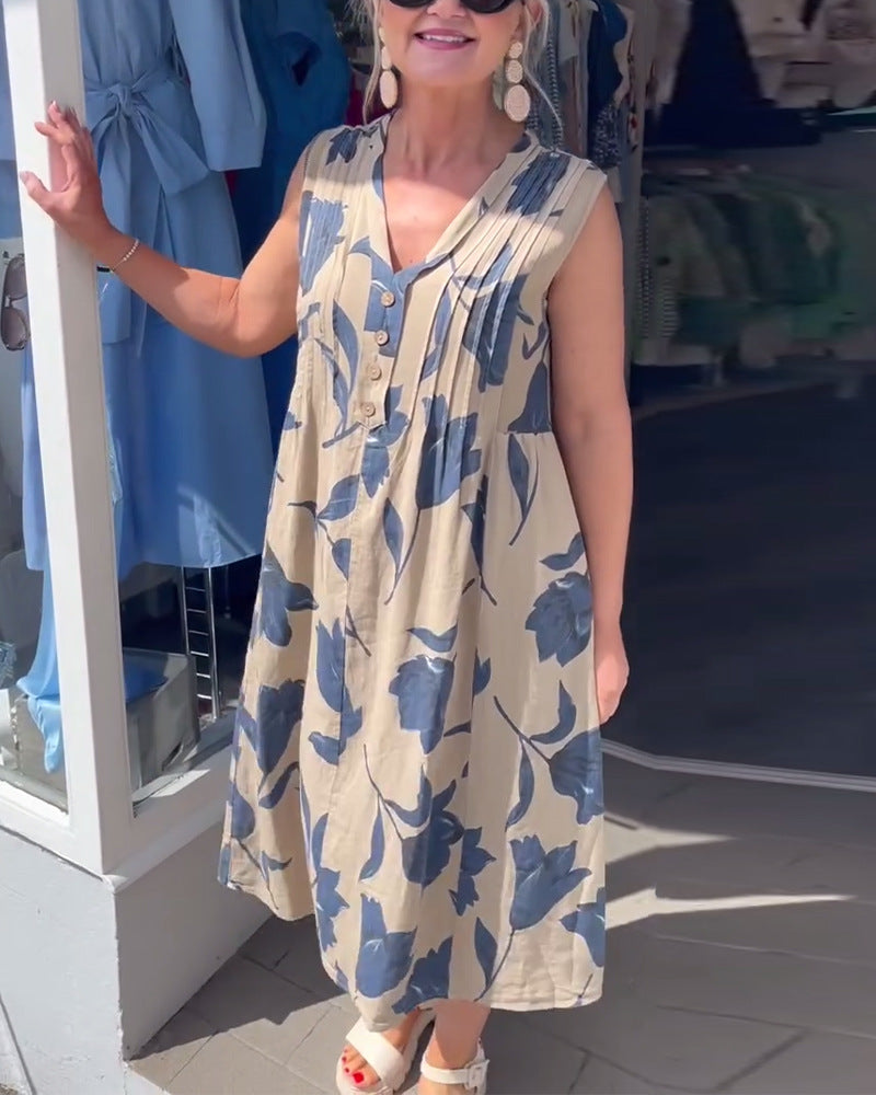 Damen nan lässiges V-Ausschnitt-Midikleid mit Brustpasse, senkrechten Falten und dekorativer Knopfleiste EB