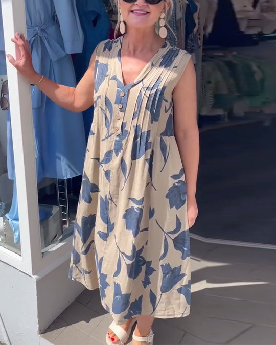 Damen nan lässiges V-Ausschnitt-Midikleid mit Brustpasse, senkrechten Falten und dekorativer Knopfleiste EB
