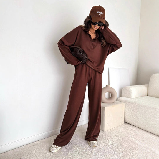 Damen Loungewear-Zweiteiler mit Hemdkragen-Cropped-Sweatshirt und weiter Palazzo-Hose Eichborn Berlin
