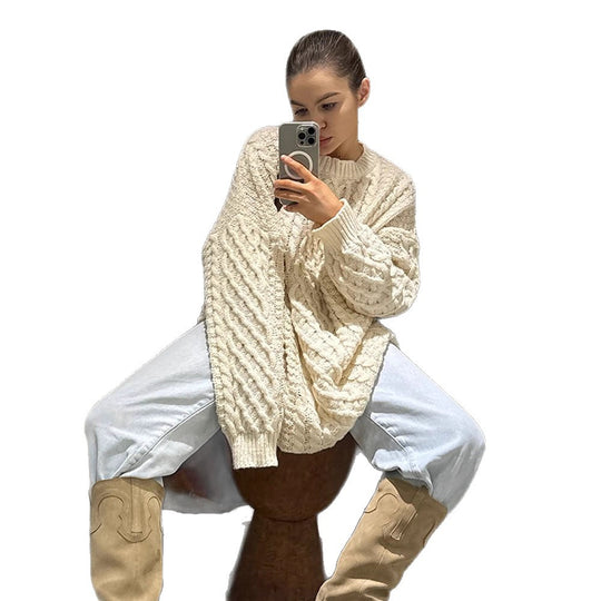 Damen Oversized Strickpullover mit Zopfmuster EB