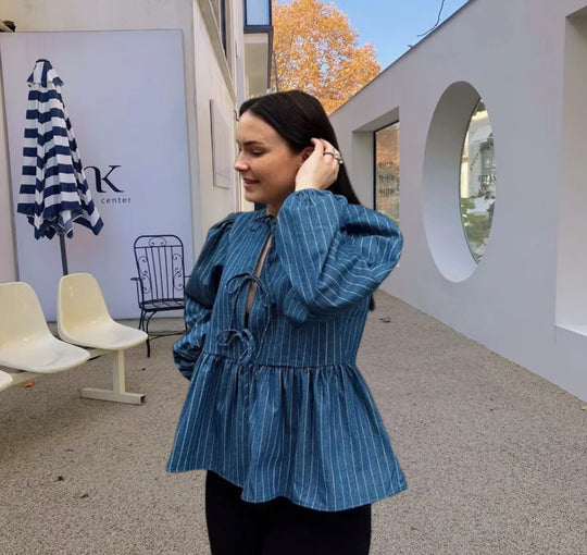 Damen gestreifte Bluse mit voluminösen Puffärmeln und tailliertem Schnitt EB