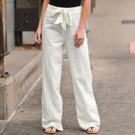 Damen nan lässige Leinenmix Weitebein Hose mit Kordelzug EB