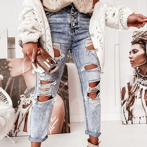 Damen Destroyed Boyfriend Jeans Im Lässigen Vintage-Stil mit Hohem Bund EB