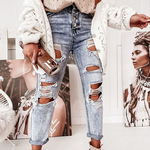 Damen Destroyed Jeans im lässigen Boyfriend-Schnitt mit hohem Bund und Details EB