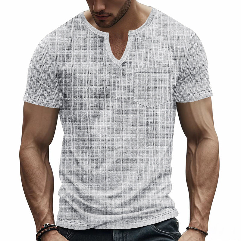 Herren nan Kurzarmshirt mit geschlitztem V-Ausschnitt strukturierter Leinenoptik und aufgesetzter Brusttasche EB