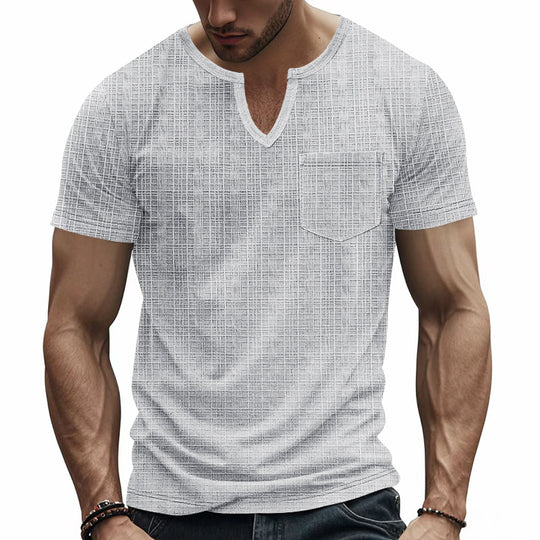 Herren nan Kurzarmshirt mit geschlitztem V-Ausschnitt strukturierter Leinenoptik und aufgesetzter Brusttasche EB