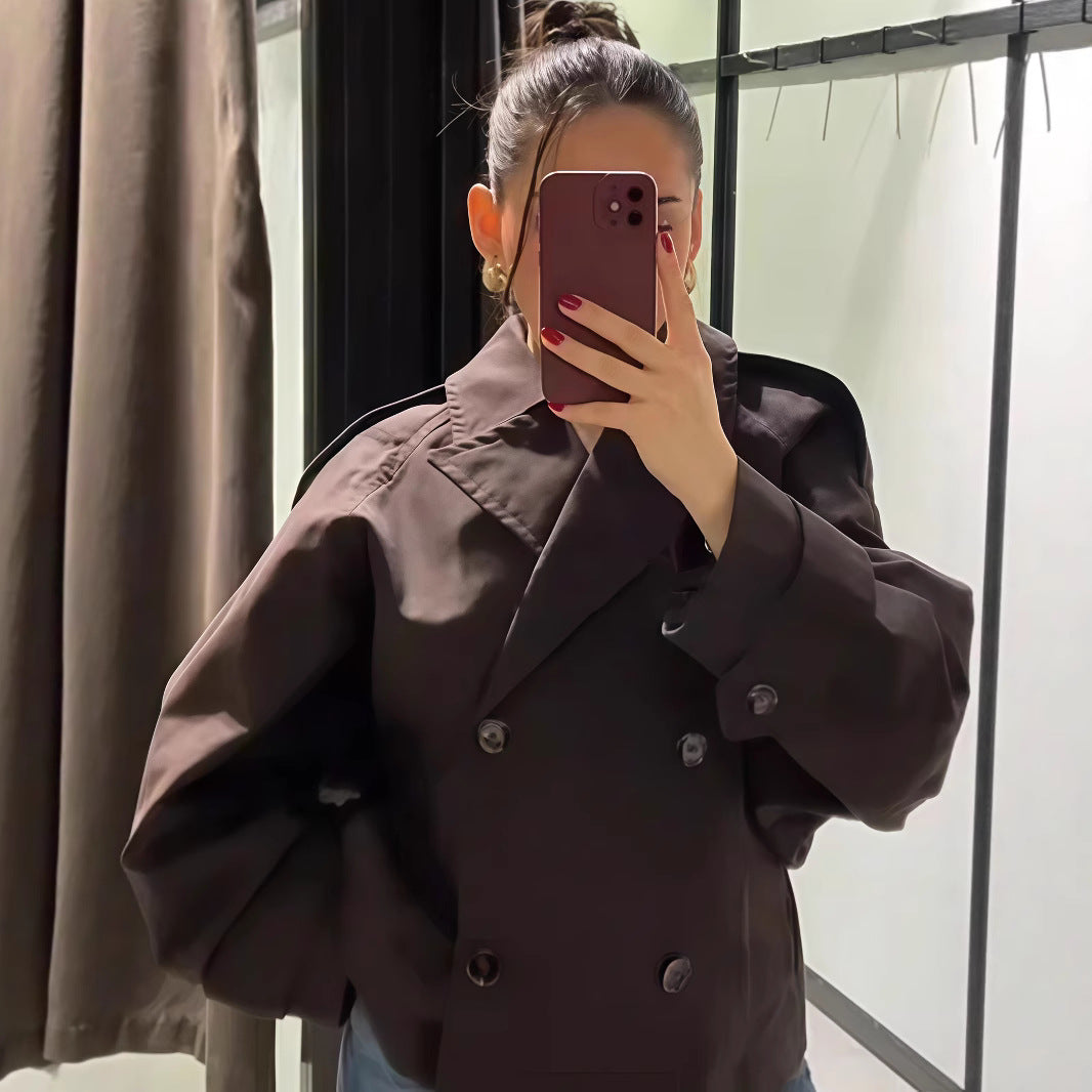 Damen modische Doppelreiher-Jacke mit hohem Kragen und strukturiertem Design EB