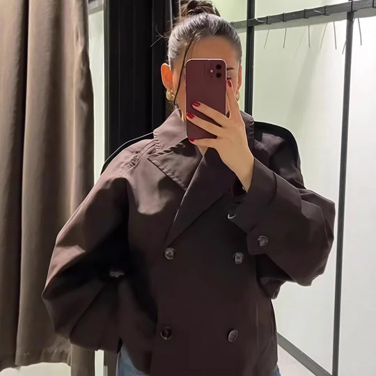 Damen modische Doppelreiher-Jacke mit hohem Kragen und strukturiertem Design EB