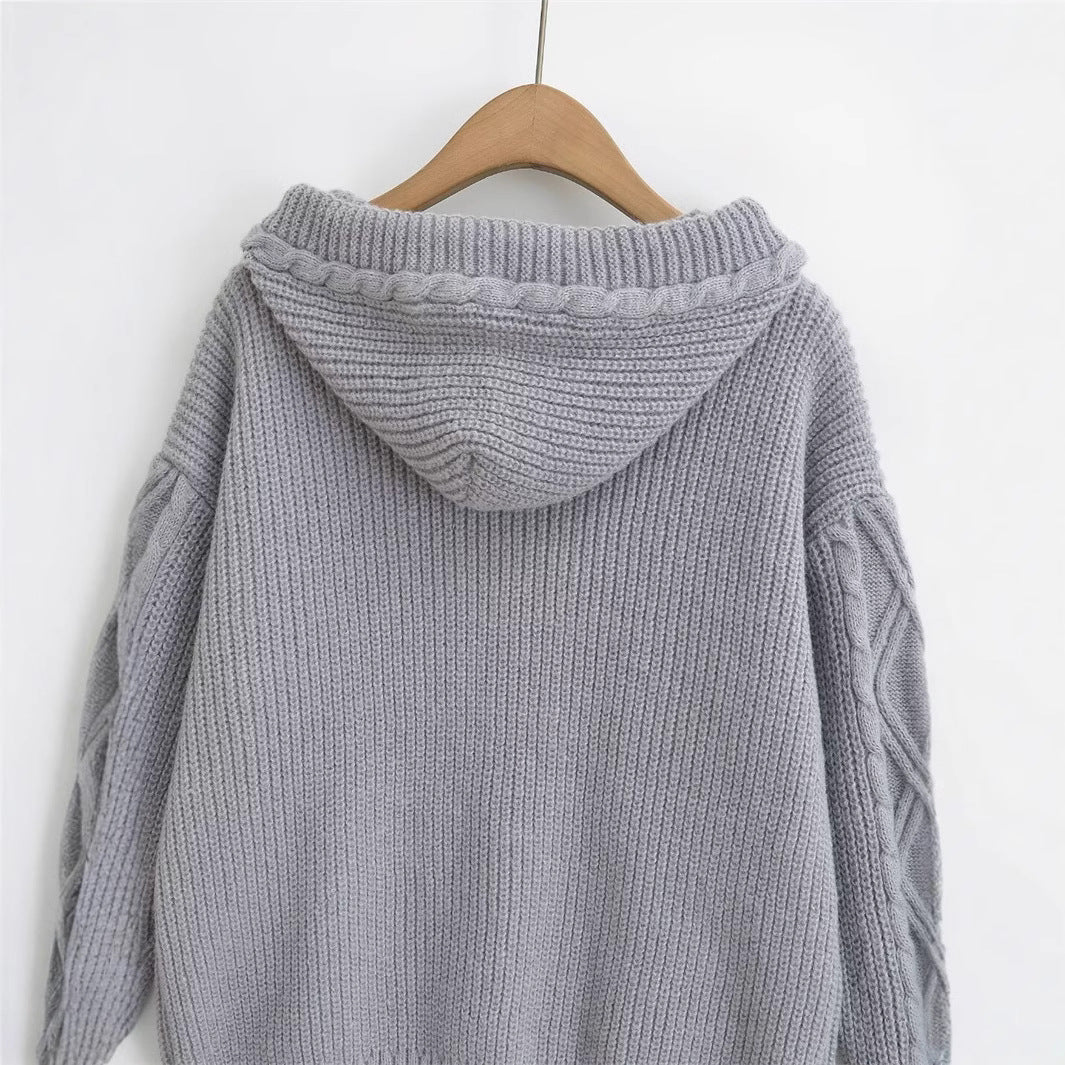 Damen Strickjacke mit Kapuze und modischem Zopfmuster EB