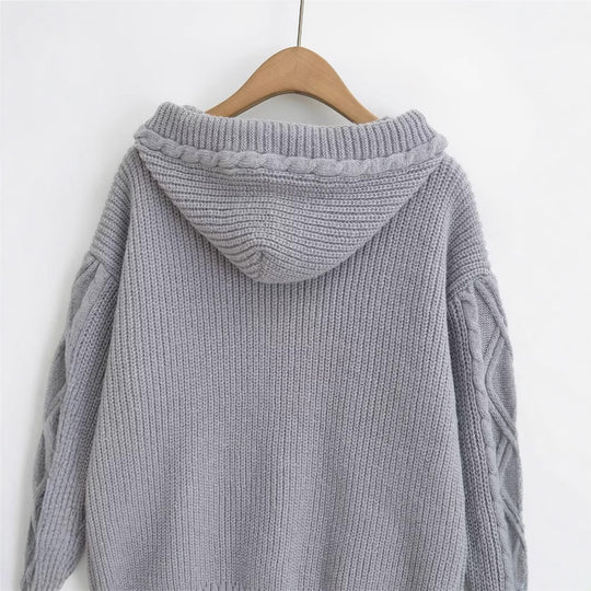 Damen Strickjacke mit Kapuze und modischem Zopfmuster EB