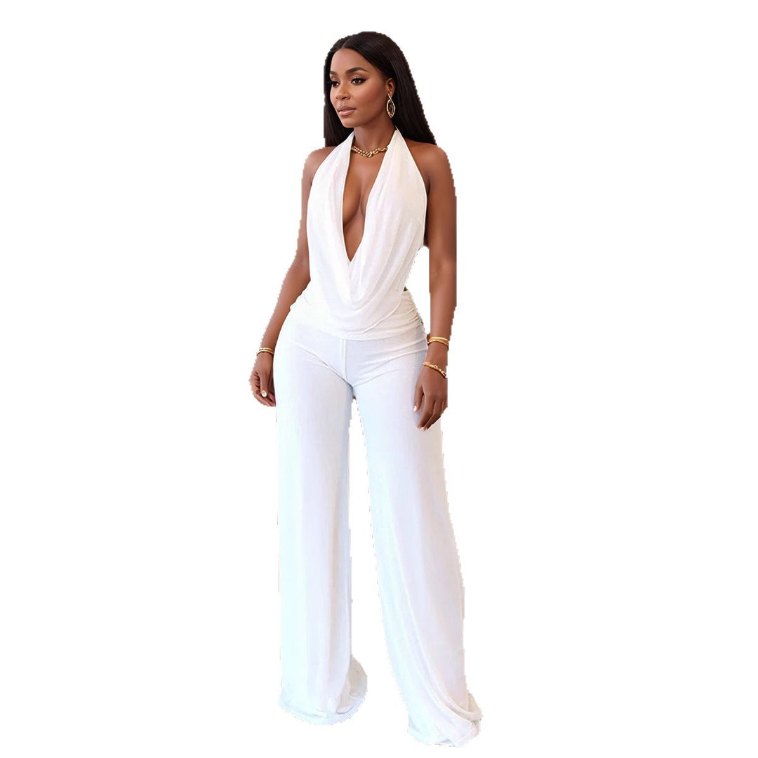 Damen Eleganter Jumpsuit mit tiefem Ausschnitt und fließendem Stoff EB