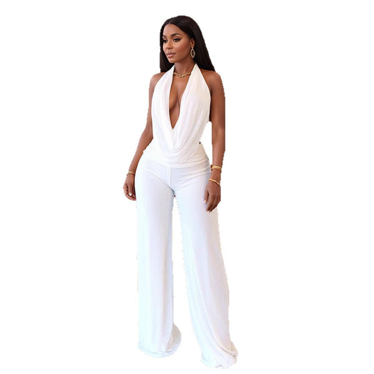 Damen Eleganter Jumpsuit mit tiefem Ausschnitt und fließendem Stoff EB