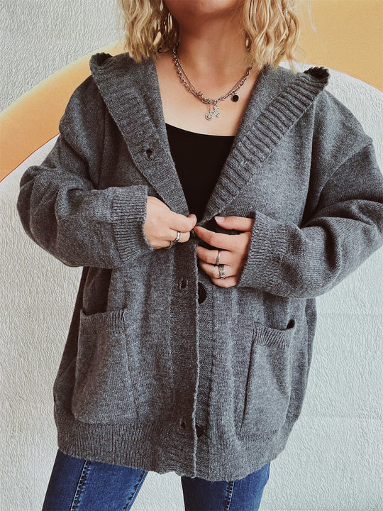 Damen bequeme Strickjacke mit Kapuze und praktischen Taschen EB