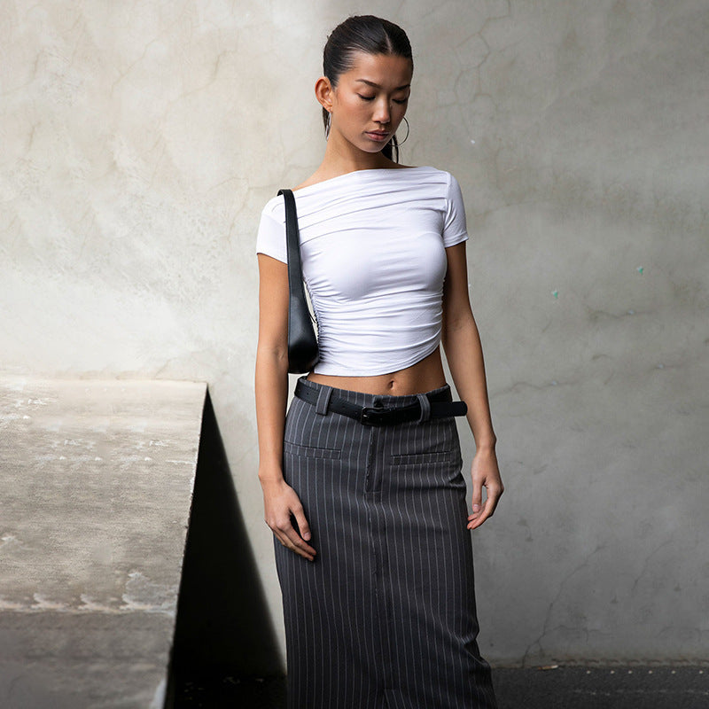 Damen figurbetontes Oberteil mit Off-Shoulder Design und Raffung EB