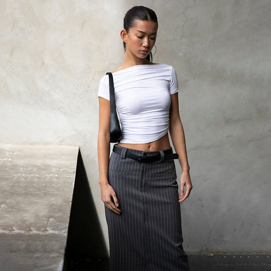 Damen figurbetontes Oberteil mit Off-Shoulder Design und Raffung EB