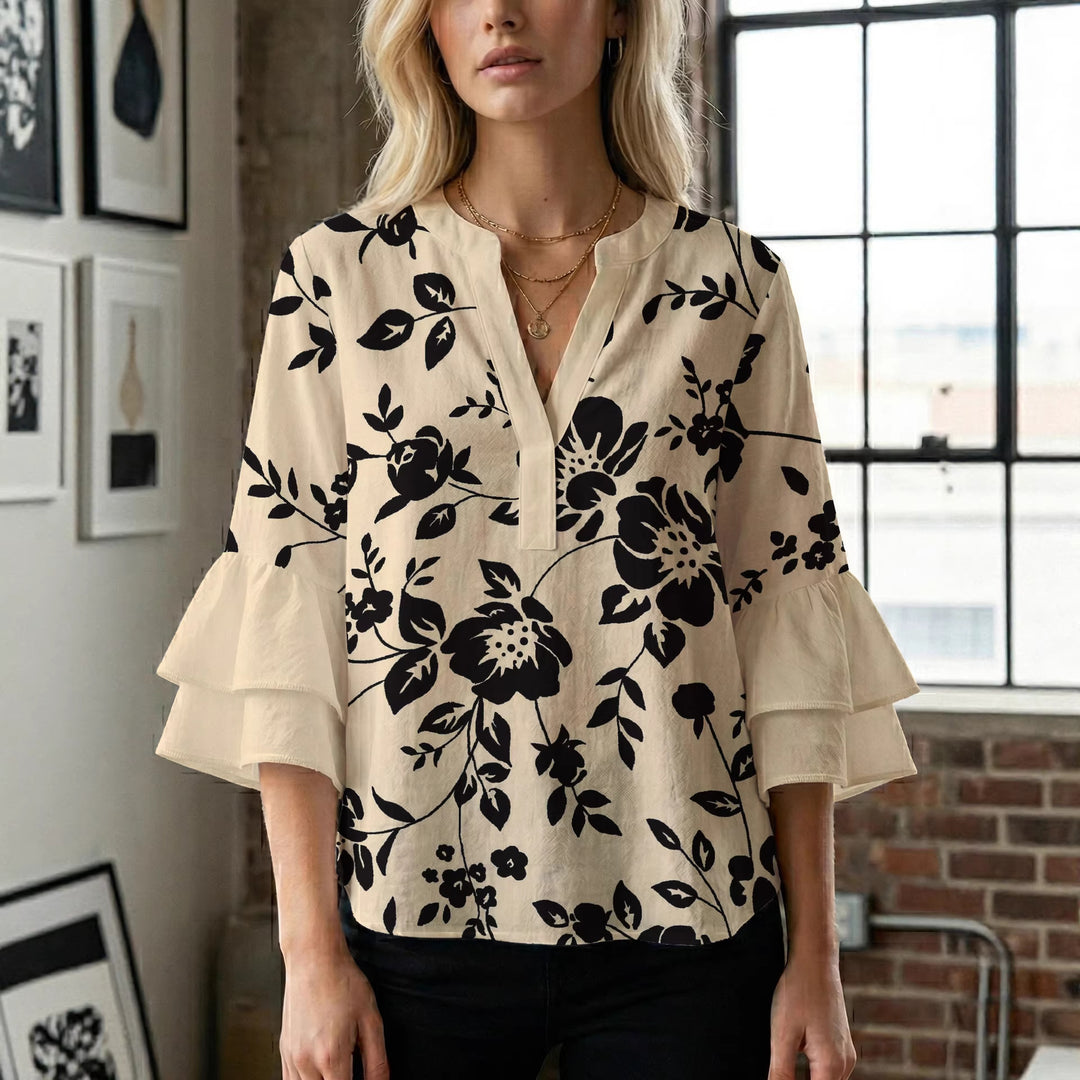 Damen lässige Bluse mit Volantärmeln und botanischem Druck EB