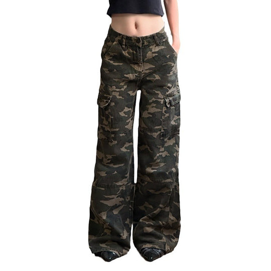 Damen nan weite Cargo-Hose mit Camouflage-Print, hoher Taille und mehreren aufgesetzten Beintaschen EB