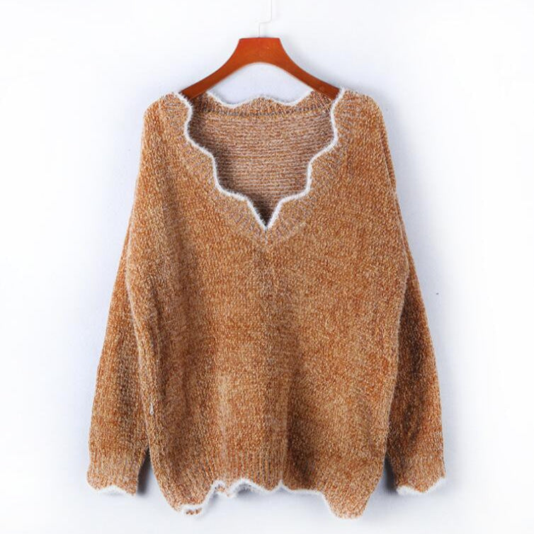 Damen kuscheliger Strickpullover mit tiefem V-Ausschnitt und gewellten Abschlüssen EB