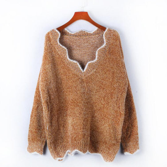 Damen kuscheliger Strickpullover mit tiefem V-Ausschnitt und gewellten Abschlüssen EB