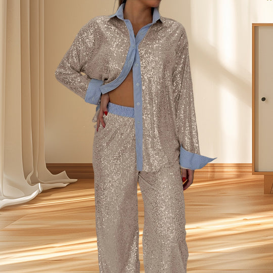 Damen Glitzerndes Pyjama-Set aus hochwertigem Material mit Schalkragen und eleganten Akzenten EB