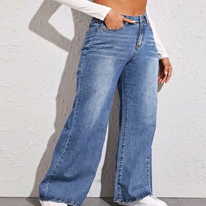 Damen nan hochgeschnittene weite Denim-Jeans mit extra weitem Bein und rohem Saum EB