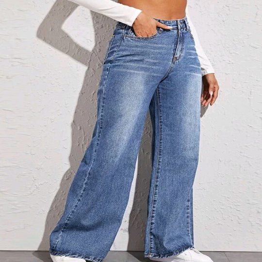 Damen nan hochgeschnittene weite Denim-Jeans mit extra weitem Bein und rohem Saum EB