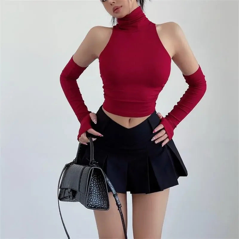 Damen Langarm Crop-Top mit Stehkragen und figurbetontem Schnitt EB